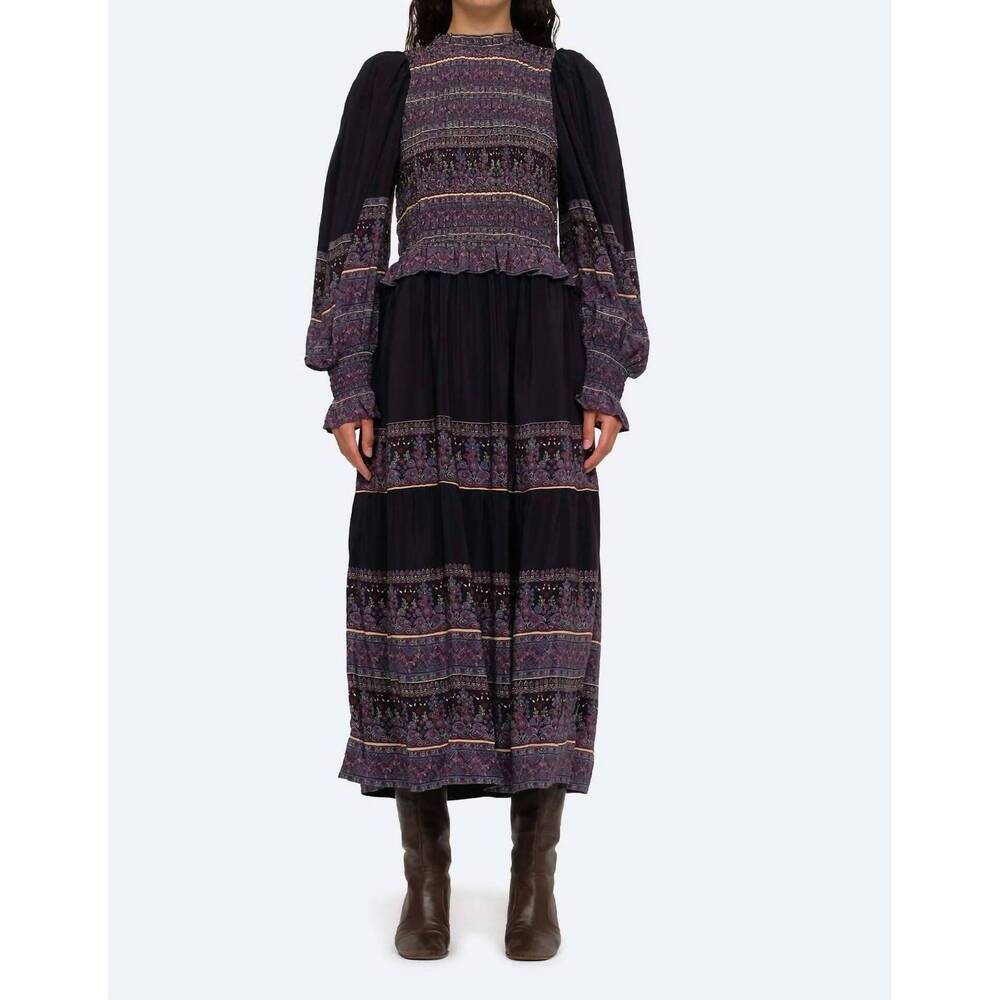 NEW SEA adella print long sleeve smocked dress in iris